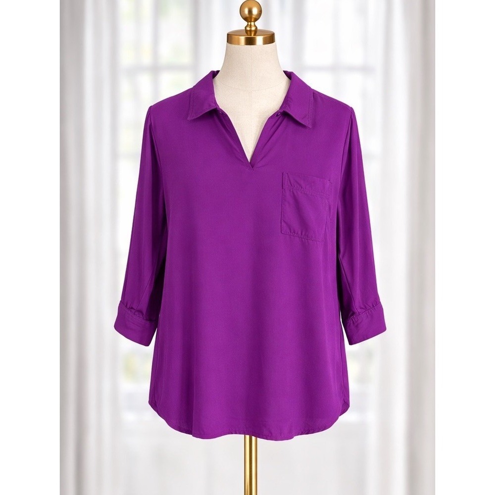 CJ Banks Popover Tunic Top Lyocell 3/4 Sleeves‎ V-Neck Collar Purple Magenta 3X